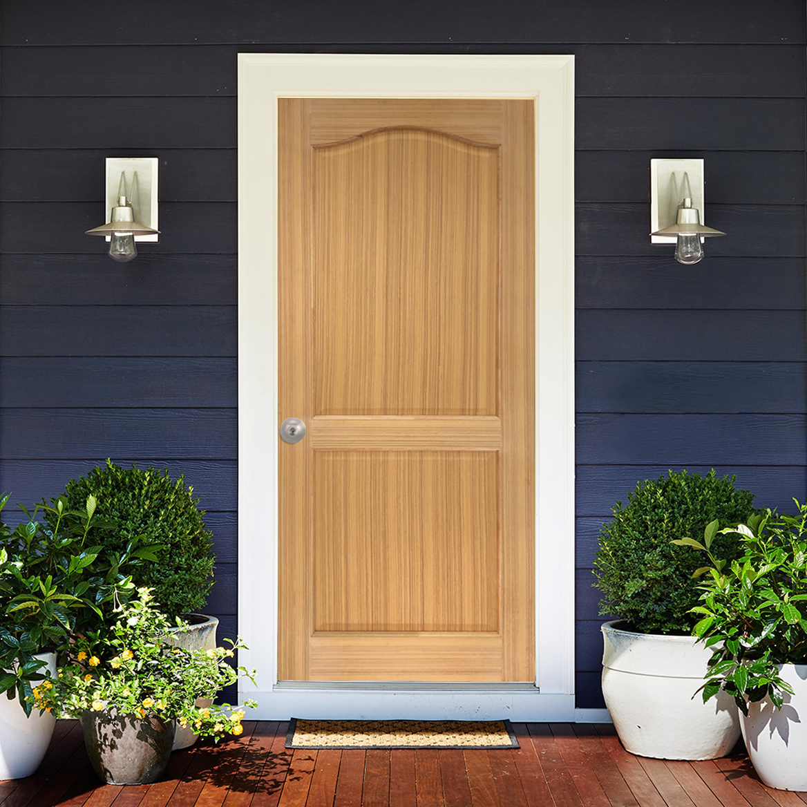 LeoDoor : ประตูไม้ ลูกฟัก 2 โค้ง สักลายตรง (ไม่ทำสี)